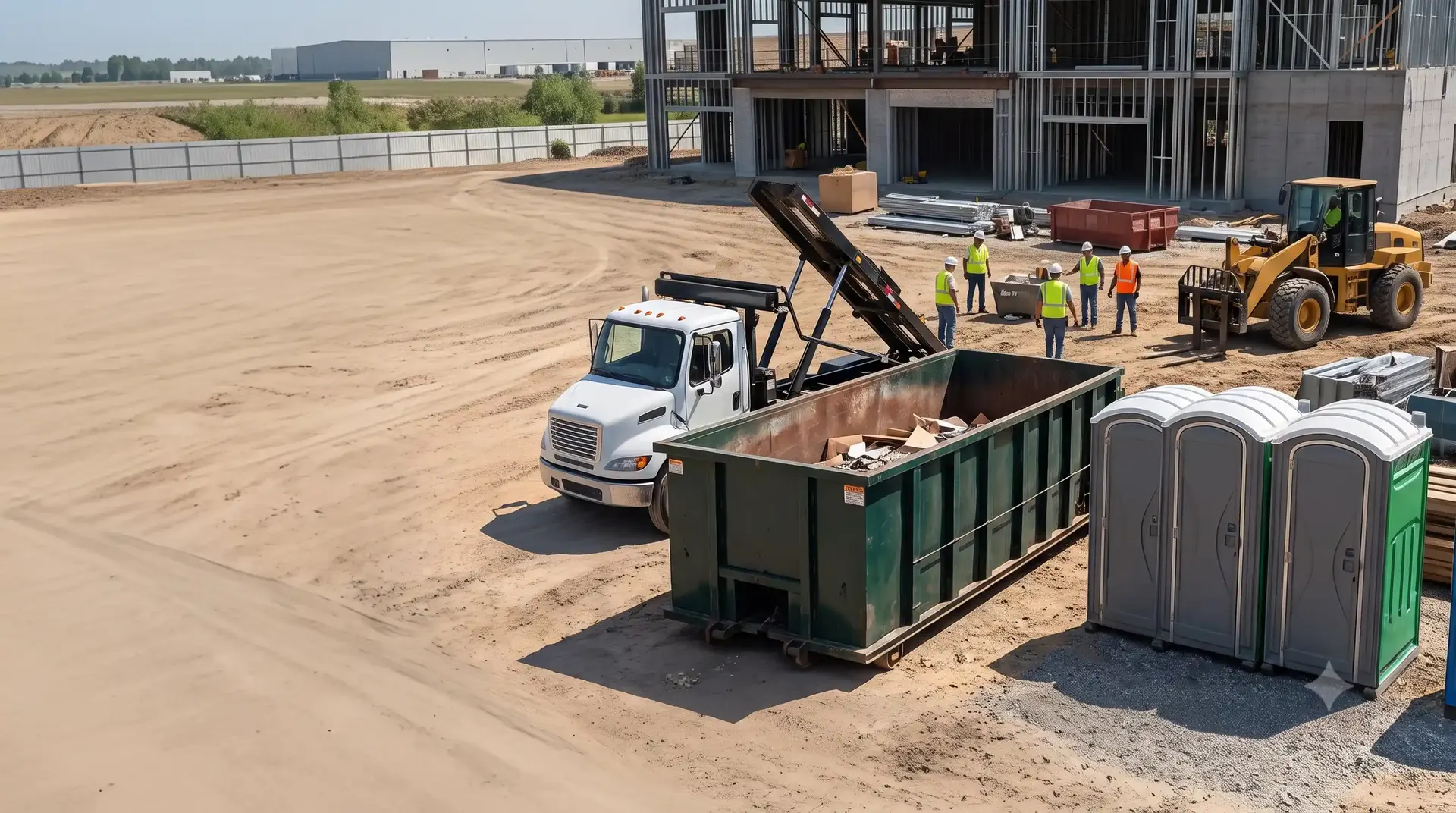 Commercial construction site with a roll-off dumpster and coordinated waste services